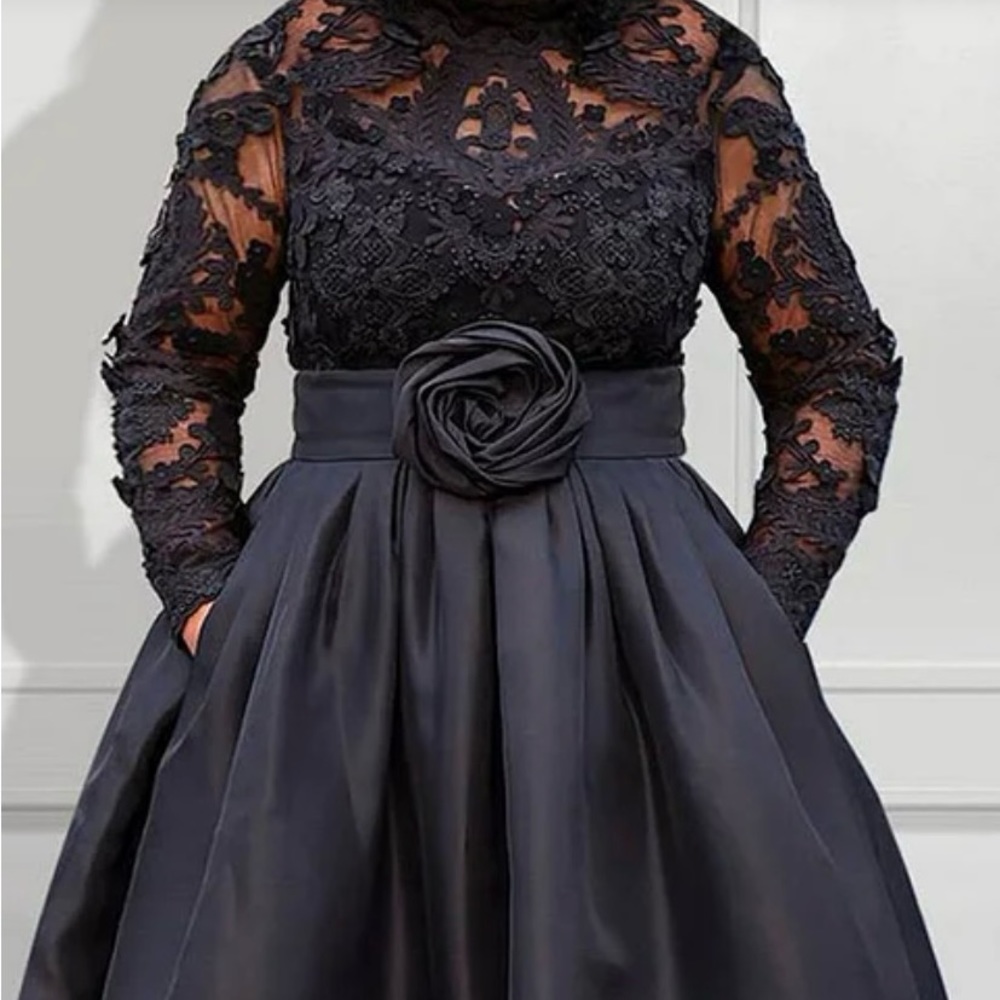 Xpluswear 2XL Black Formal Lace Long Sleeve With Pocket Satin Maxi Dress